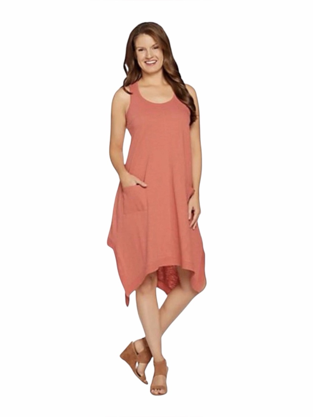 LOGO•Sleeveless Coral Swing Dress with Pockets